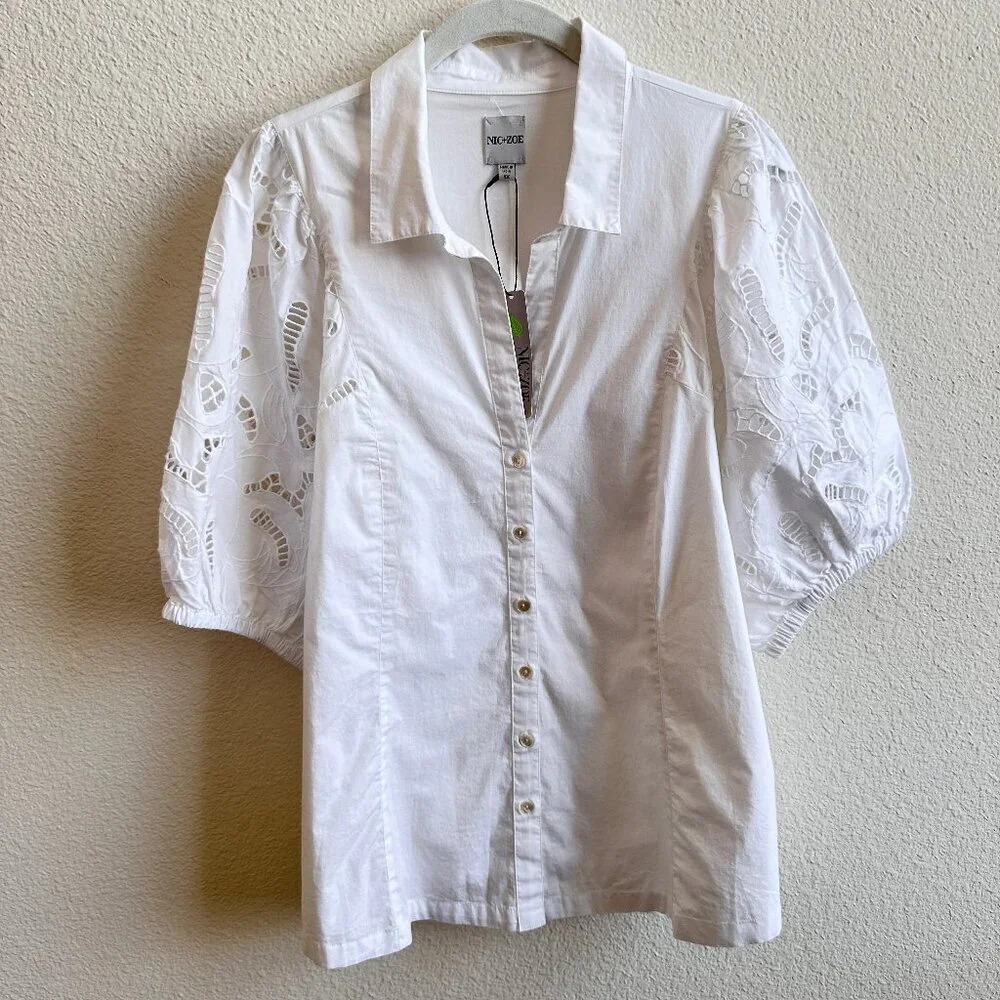 Nic+Zoe Eyelet Embroidered Puff Sleeve Cotton/Span Button Down Blouse - 1X - Picture 2 of 8